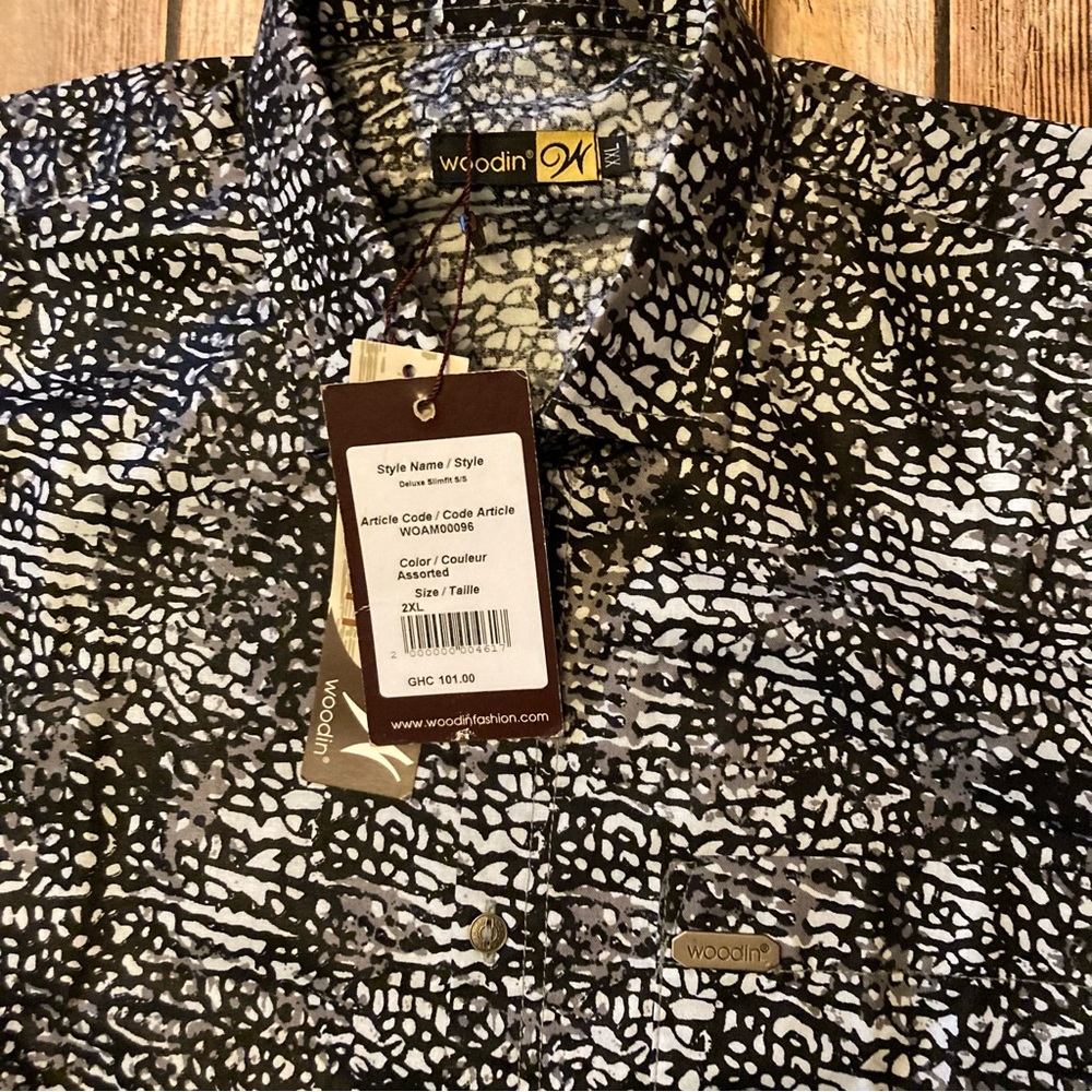 NWT Woodin Button up shirt Mens XXL Slim Fit Black White Gray Camouflage Logo